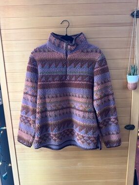 L.L. Bean Mauve, Brown & Green Patterned Half-Zip Sherpa Turtleneck